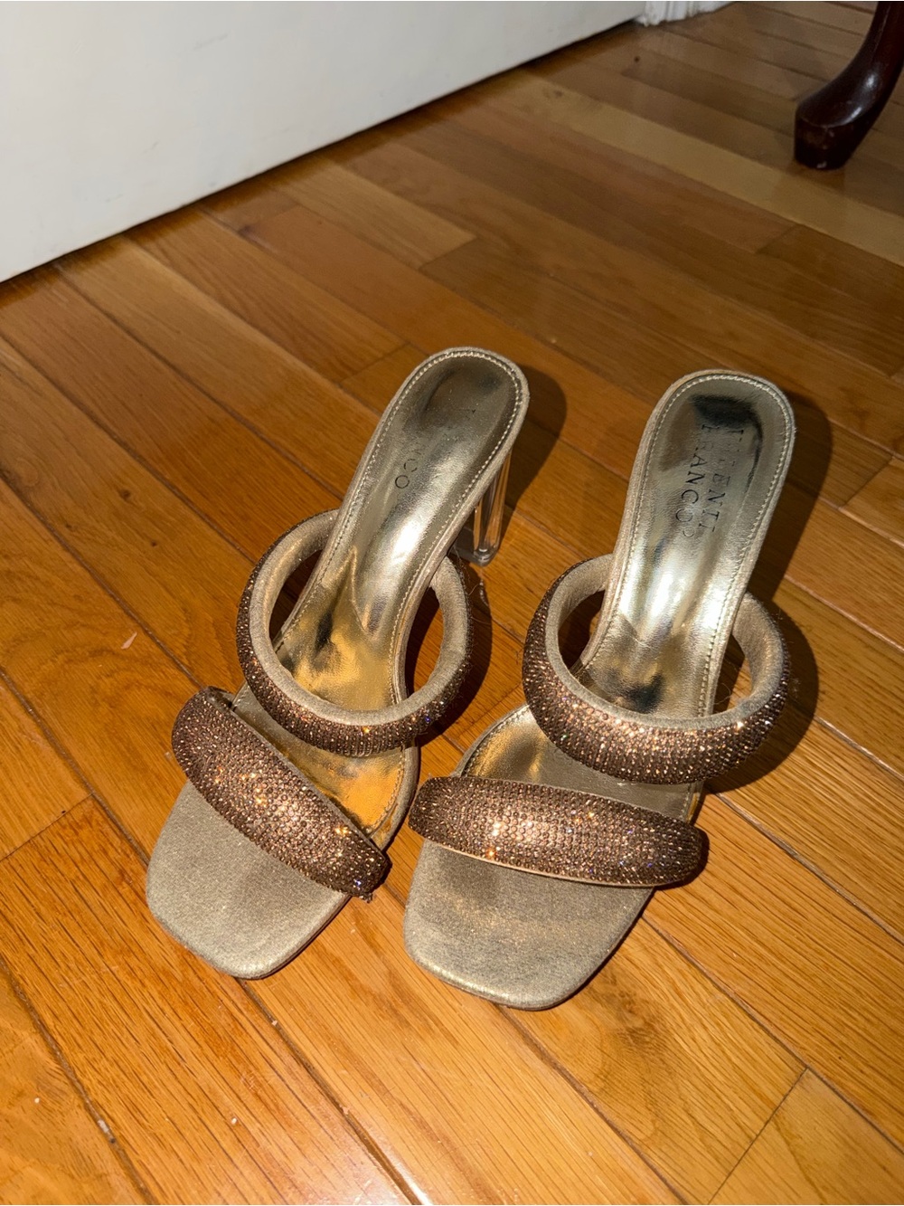 Franco Sarto Metallic Bronze Crystal-Embellished Slip-On Heels